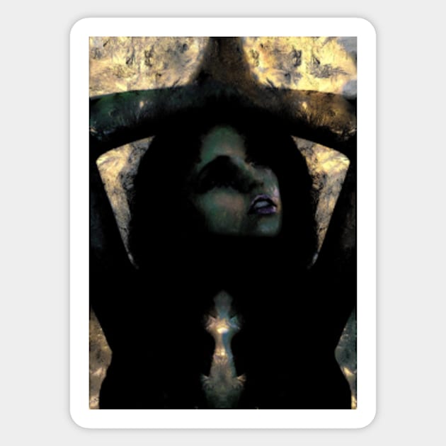 Portrait, digital collage, special processing. Beautiful but dark, like witch, woman. Tale. Yellow and gray. Sticker by 234TeeUser234